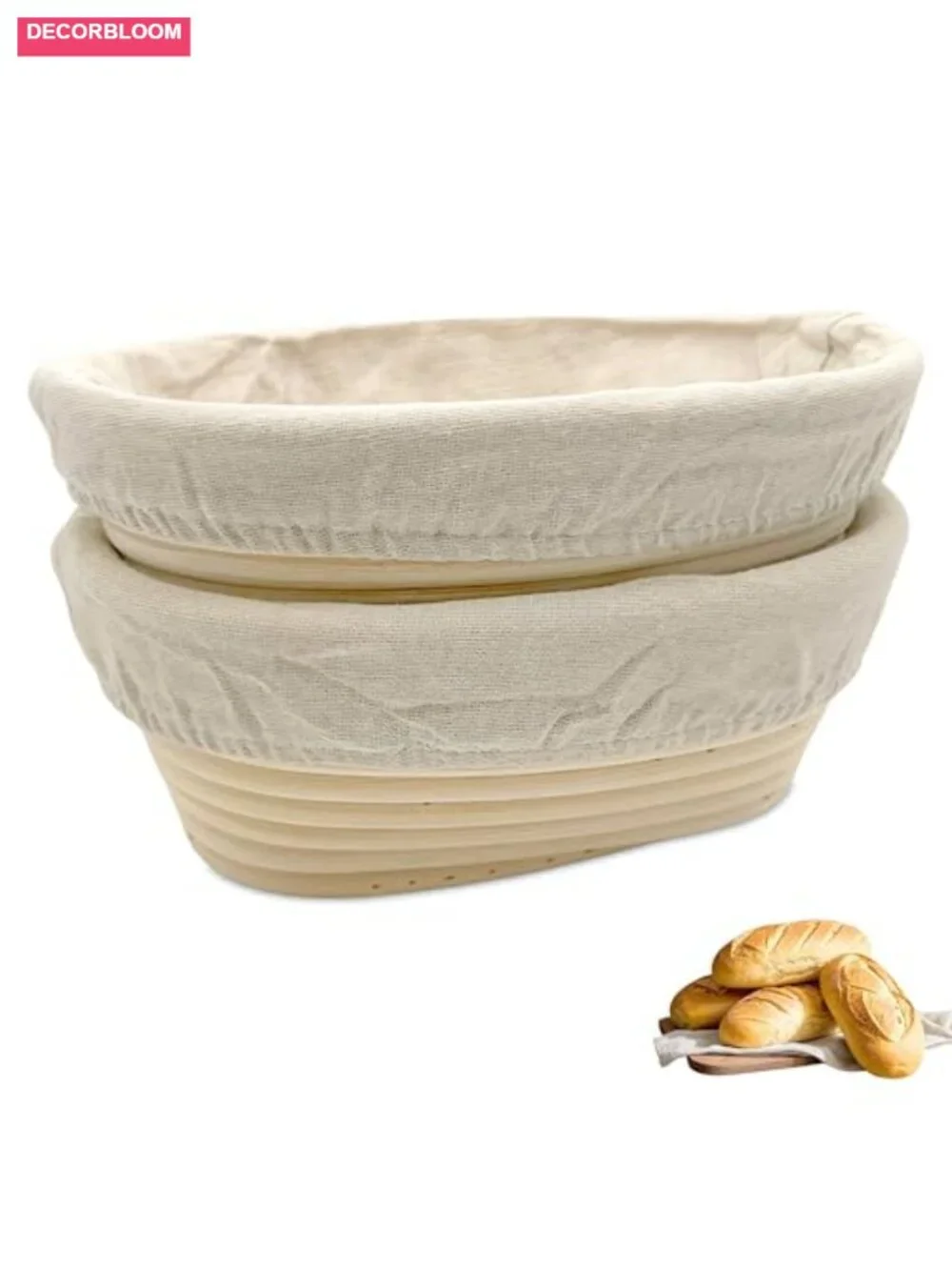 Bread Proofing Basket Set - 2 Oval Banneton Baskets with Linen Liners for